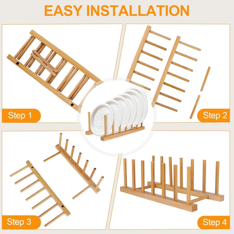 SAMEBUTECO Bamboo Wooden Dish Racks Plate Stand Holder Vertical Drainer Kitchen Cabinet Organizer for Dish, Pots, Lids, Bowls, Cups, and Cutting Boards and Books(2 Packs) - Image 3